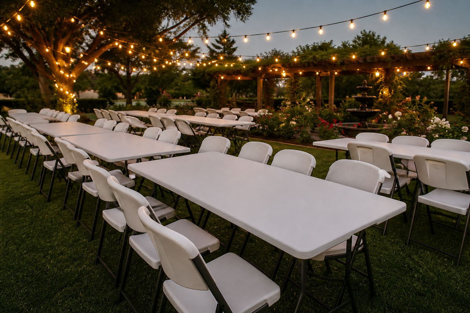 White folding tables and chairs set up for an event